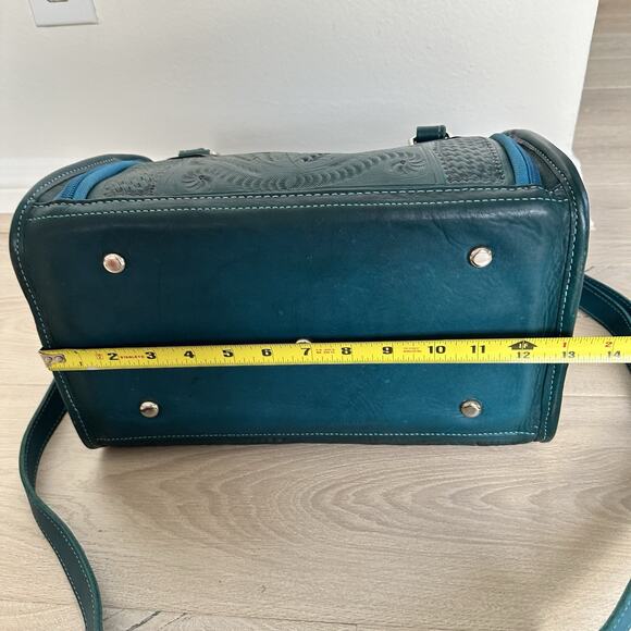 ROPIN WEST VANITY TRAVEL BAG CASE GENUINE HAND TOOLED LEATHER TURQUOISE GREEN - Picture 11 of 13
